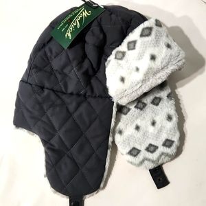 NEW! Woolrich Grey Quilted Faux Fur Reversible Aviator Winter Hat L/XL